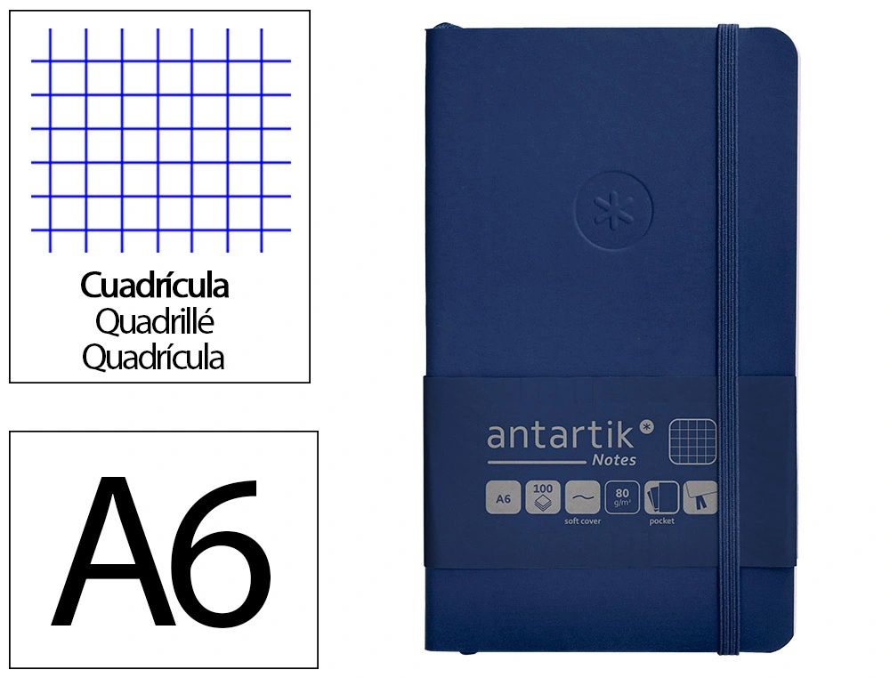 Cuaderno con Gomilla Antartik Notes Tapa Blanda A6 Cuadricula Azul Marino 100 Hojas 80 gr Fsc