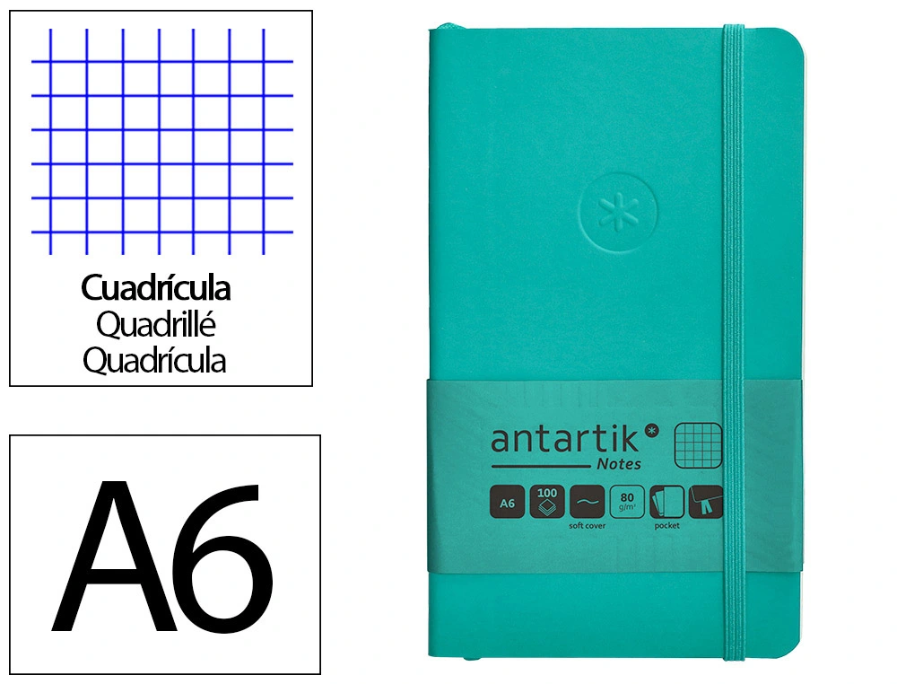 Cuaderno con Gomilla Antartik Notes Tapa Blanda A6 Cuadricula Turquesa 100 Hojas 80 gr Fsc