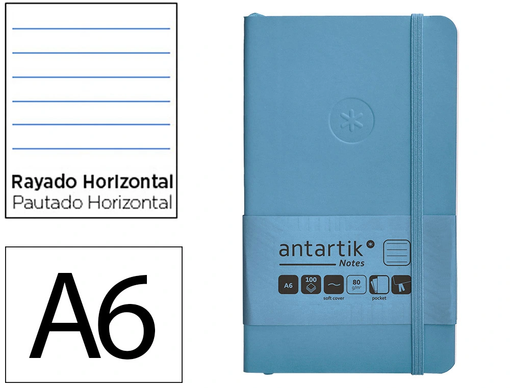Cuaderno con Gomilla Antartik Notes Tapa Blanda A6 Rayas Azul Claro 100 Hojas 80 gr Fsc