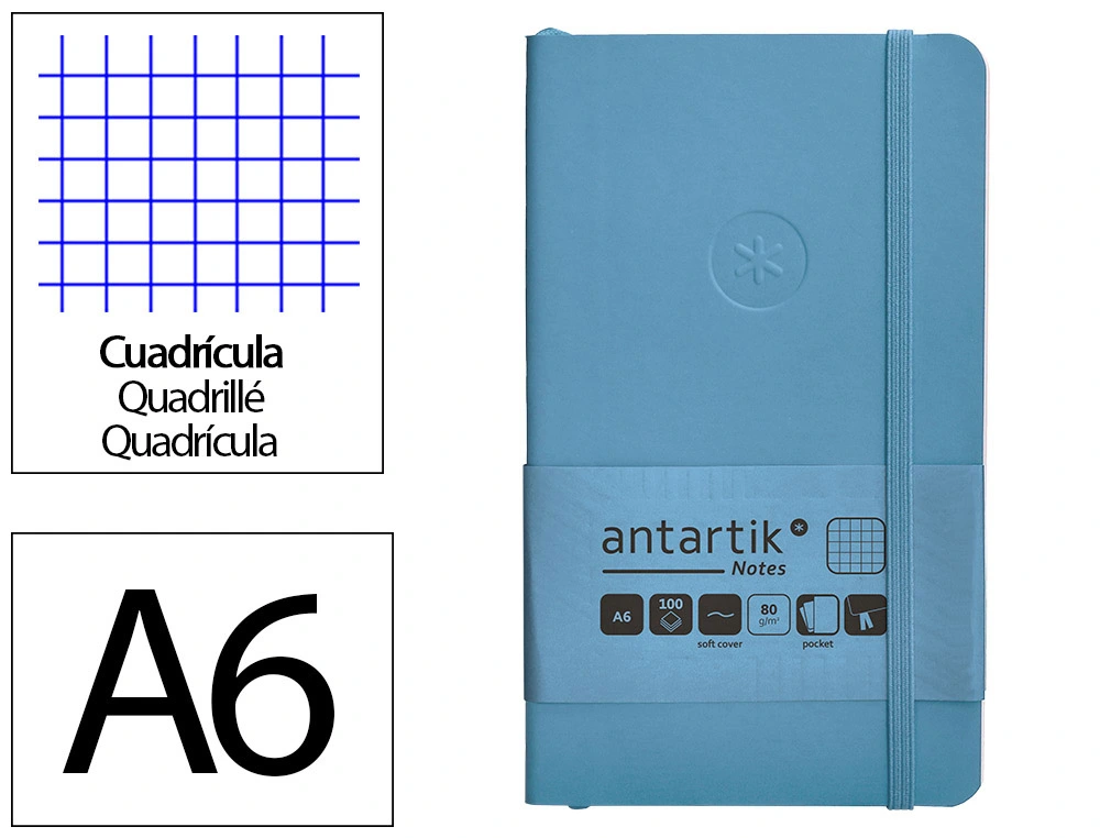 Cuaderno con Gomilla Antartik Notes Tapa Blanda A6 Cuadricula Azul Claro 100 Hojas 80 gr Fsc