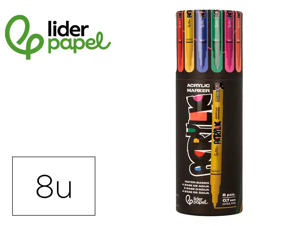 Rotulador Liderpapel Acrylic Base Agua Todo Tipo de Superficie Punta Fina 0,7 mm Caja de 8 Unidades Colores Surtidos