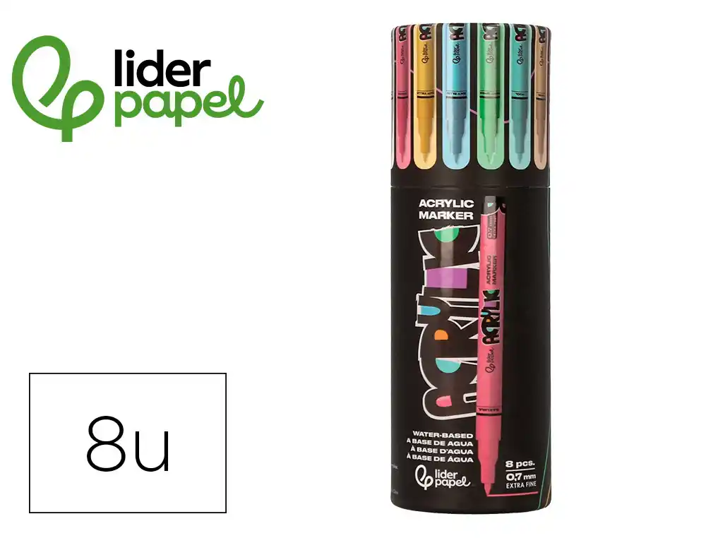 Rotulador Liderpapel Acrylic Base Agua Todo Tipo de Superficie Punta Fina 0,7 mm Caja de 8 Unidades Colores Pasteles