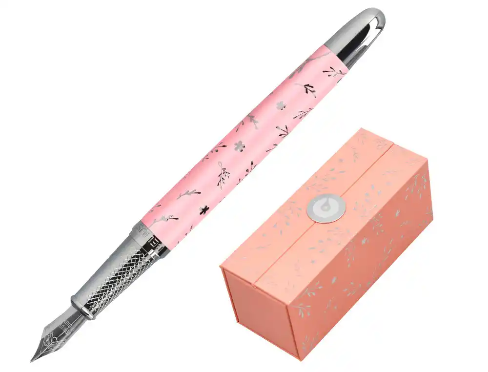 Pluma Belius Bella Aluminio Color Rosa Diseño Plateado Relieve Tinta Azul Caja de Diseño