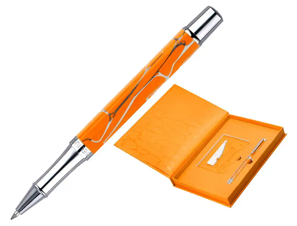 Boligrafo y Wallet Belius Cocktails Mimosa Aluminio Naranja Plateado Relieve Tintacolor Azul Caja de Diseño