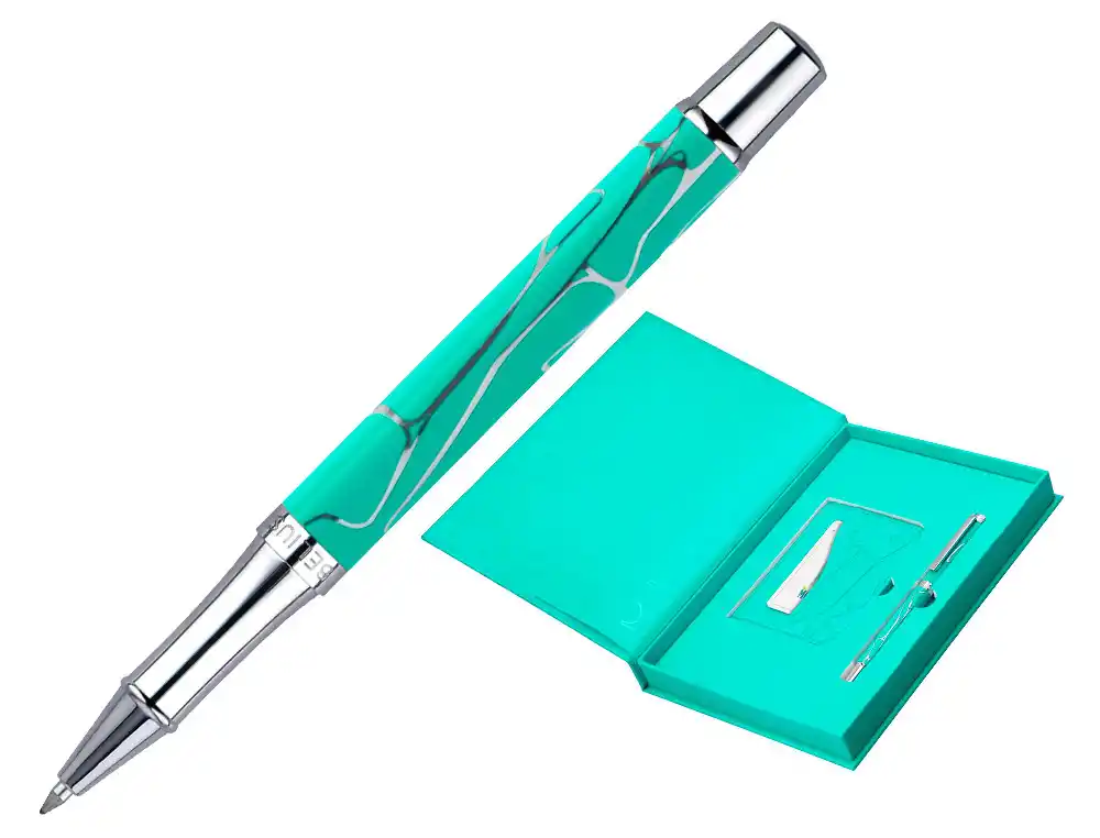 Boligrafo y Wallet Belius Cocktails Mojito Aluminio Verde Plateado Relieve Tinta Color Azul Caja de Diseño