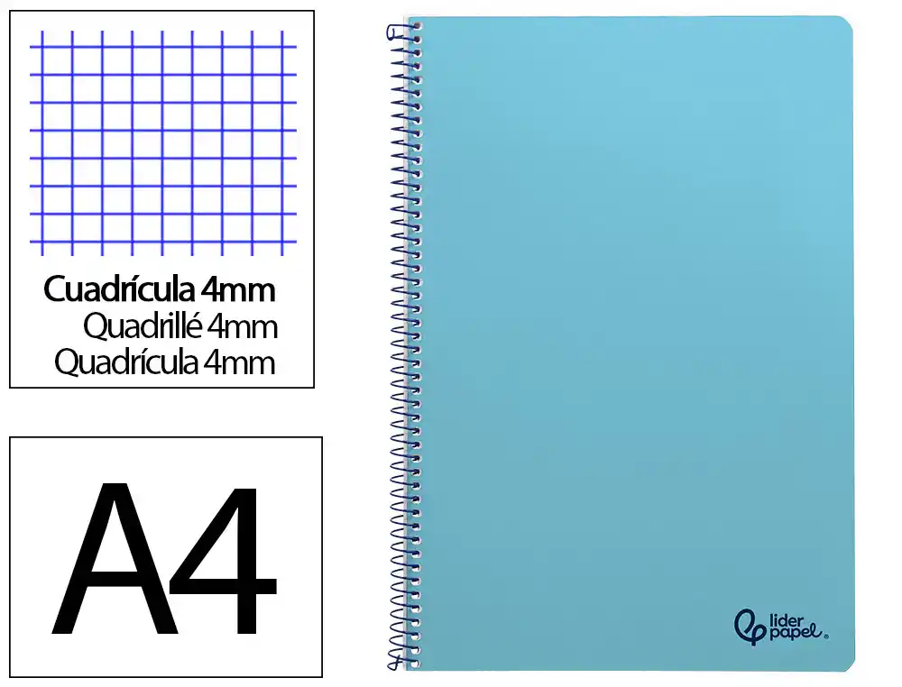 Cuaderno Espiral Liderpapel A4 Smart Tapa Blanda 80h 75gr Cuadro 4mm con Margen Color Celeste