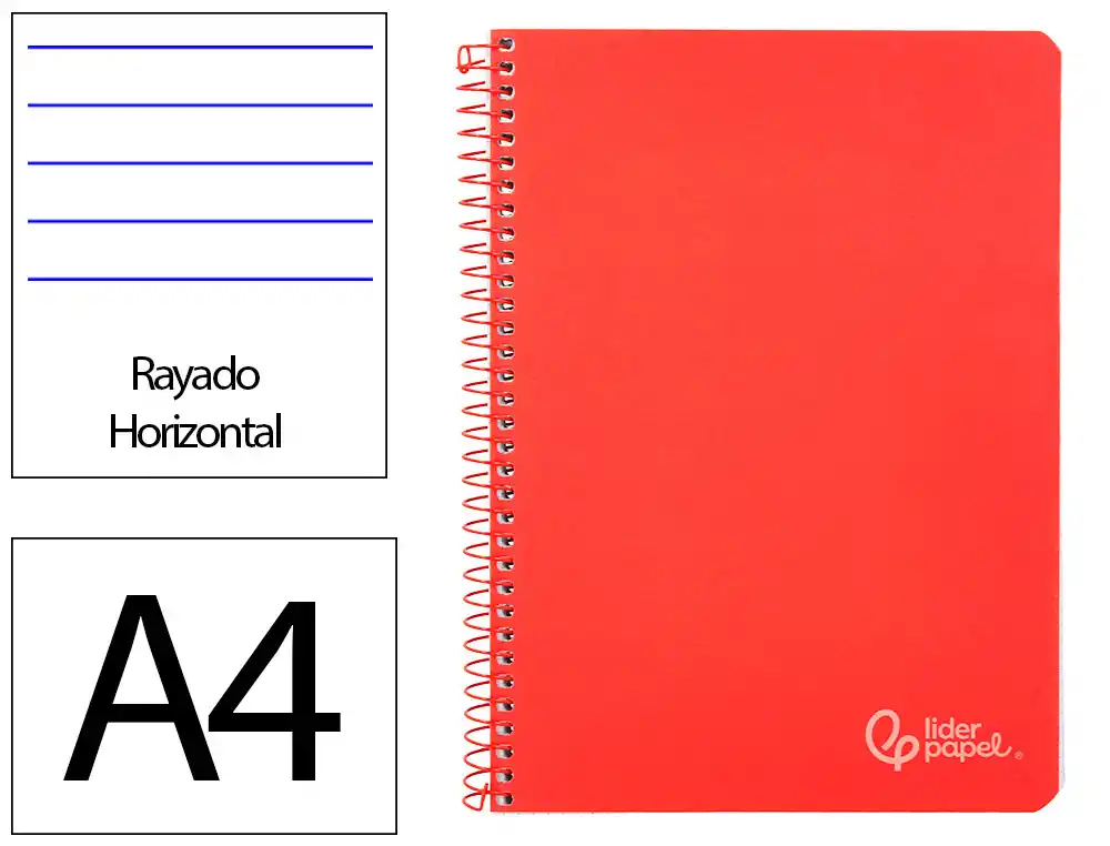 Cuaderno Espiral Liderpapel A4 Witty Tapa Dura 80h 90gr Rayado Horizontal con Margen Color Rojo
