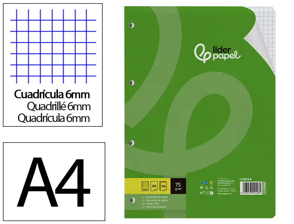 Recambio Liderpapel A4 100 Hojas 75gr Cuadro 6mm 4 Taladros con Margen