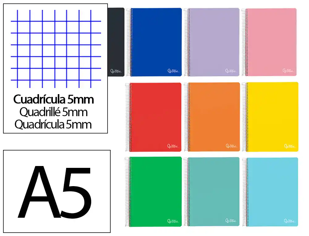 Cuaderno Espiral Liderpapel A5 Micro Witty Tapa Dura 120h 90gr Cuadro 5mm 5 Bandas 6 Taladros Colores Surtidos