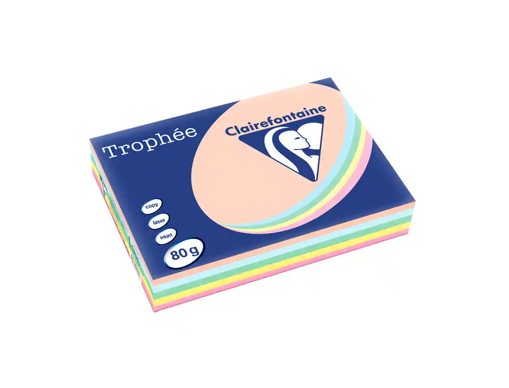 Papel Color Trophee A4 80gr 5 Colores Surtidos Pastel Paquete de 500 Hojas (100 Hojas x Color)