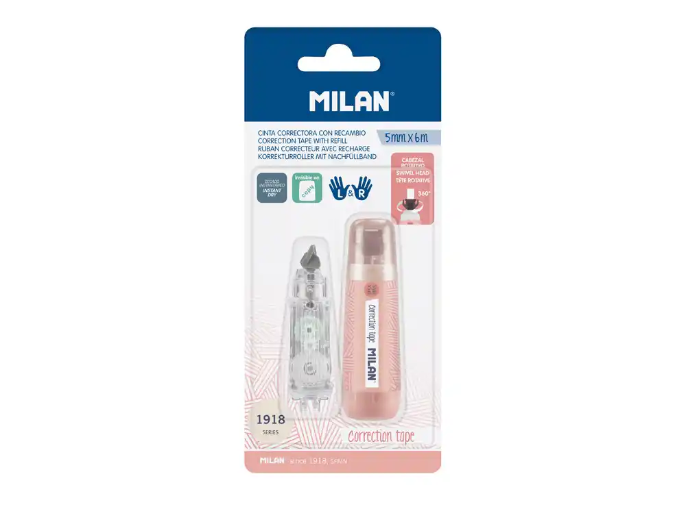 Cinta Correctora Milan 5 mm x 6 m Coleccion 430 Since 1918 Rosa Blister de 1 Unidad + 1 Recambio