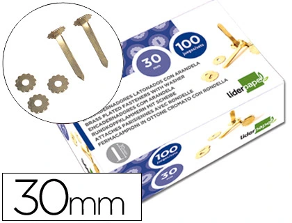 Encuadernadores Liderpapel Latonados con Arandela 30 mm Caja de 100 Unidades