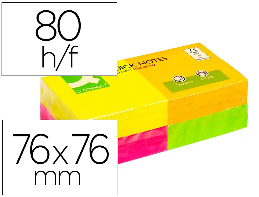 Bloc de Notas Adhesivas Quita y Pon Q-Connect 76x76 mm con 80 Hojas Fluorescentes Pack de 12 Surtidas en 4 Colores