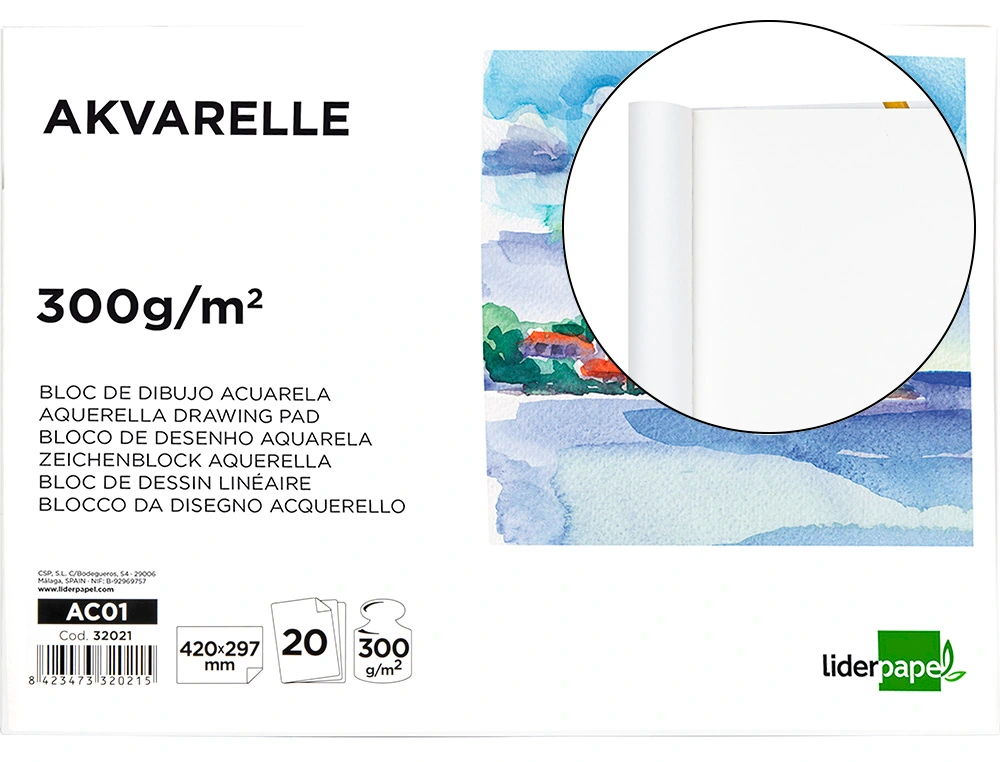 Bloc Dibujo Liderpapel Acuarela Encolado 297x420mm 20 Hojas 300g m2 sin Recuadro