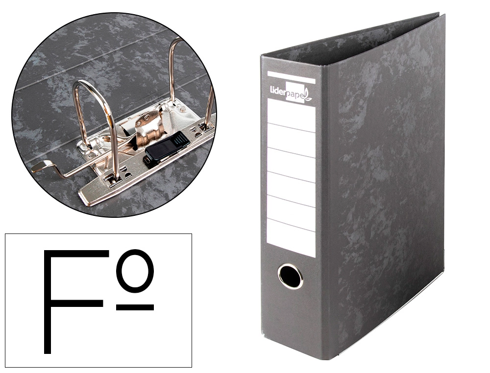 Archivador de Palanca Liderpapel Folio Carton Forrado sin Rado Lomo 80mm Negro Compresor Metalico