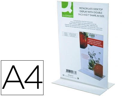 Expositor Sobremesa Q-Connect con Forma de T Metacrilato Tamaño A4 a Dos Caras