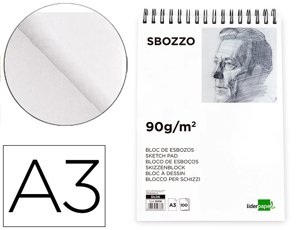Bloc Dibujo Liderpapel Esbozos Espiral A3 297x420mm 100 Hojas 90gr/m2 sin Recuadro