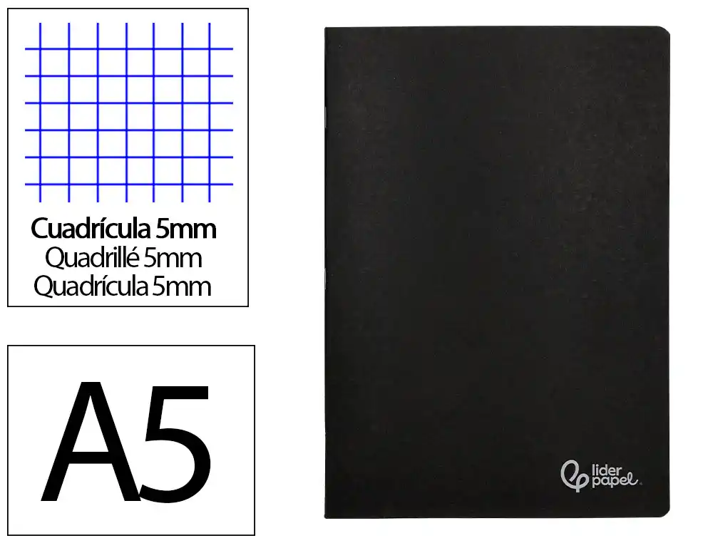 Libreta Liderpapel Tapa Negra A5 80 Hojas 60gr Cuadro 5mm con Doble Margen