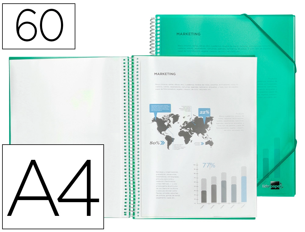 Carpeta Liderpapel Escaparate con Espiral 60 Fundas Polipropileno DIN A4 Verde