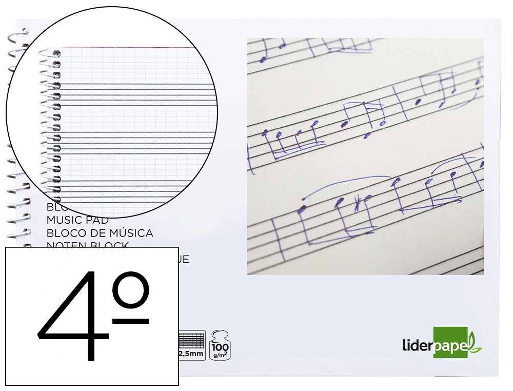 Bloc Musica Liderpapel Combi Pentagrama Cuadriculado 2,5mm Cuarto 20 Hojas 100g/m2