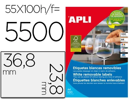 Etiqueta Adhesiva Apli 36,8x23,8 mm Fotocopiadora Laser Inkjet Caja 100 Hojas DIN A4 con 5500 Etiquetas