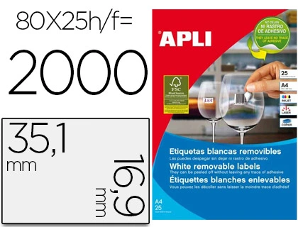 Etiqueta Adhesiva Apli 35,6x16,9 mm Fotocopiadora Laser Inkjet Caja 25 Hojas DIN A4 con 2000 Etiquetas