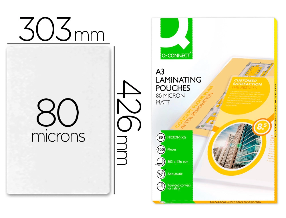 Bolsa de Plastificar Q-Connect 303 x 426 mm 80 Mc DIN A3 Mate Caja de 100 Unidades