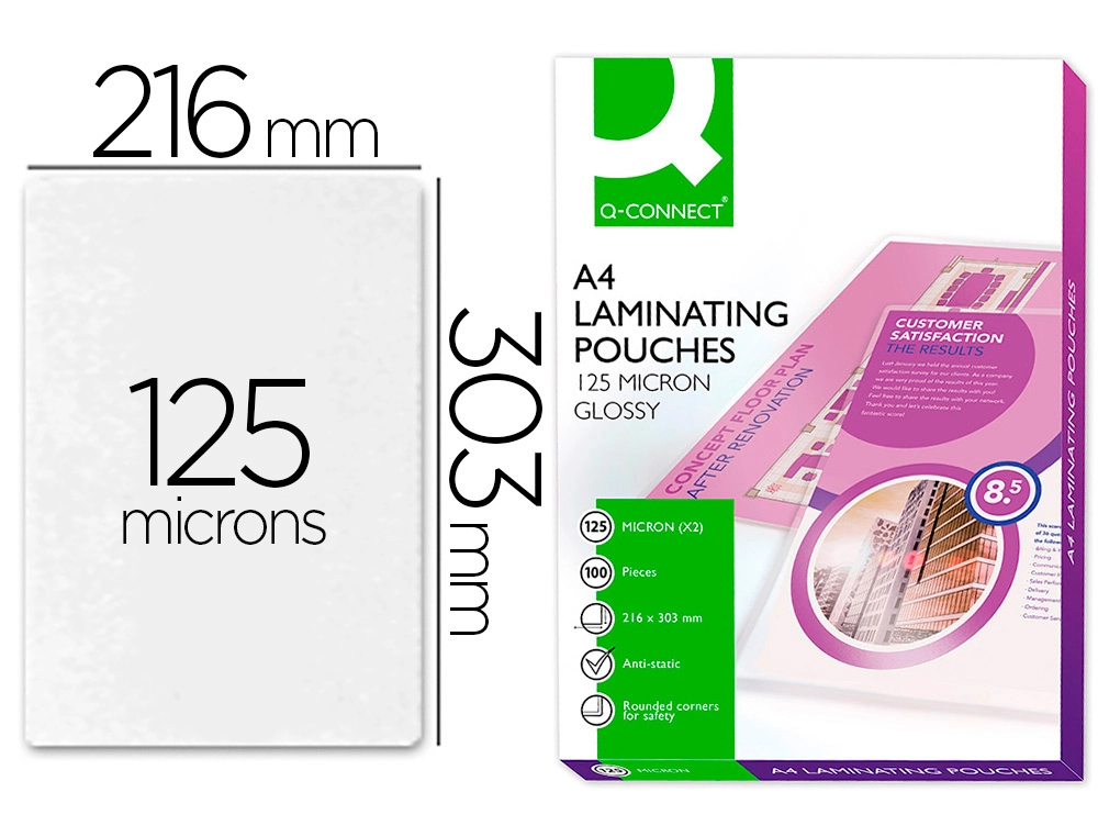 Bolsa de Plastificar Q-Connect 303 x 216 mm 125 Mc DIN A4 a Caja de 100 Unidades