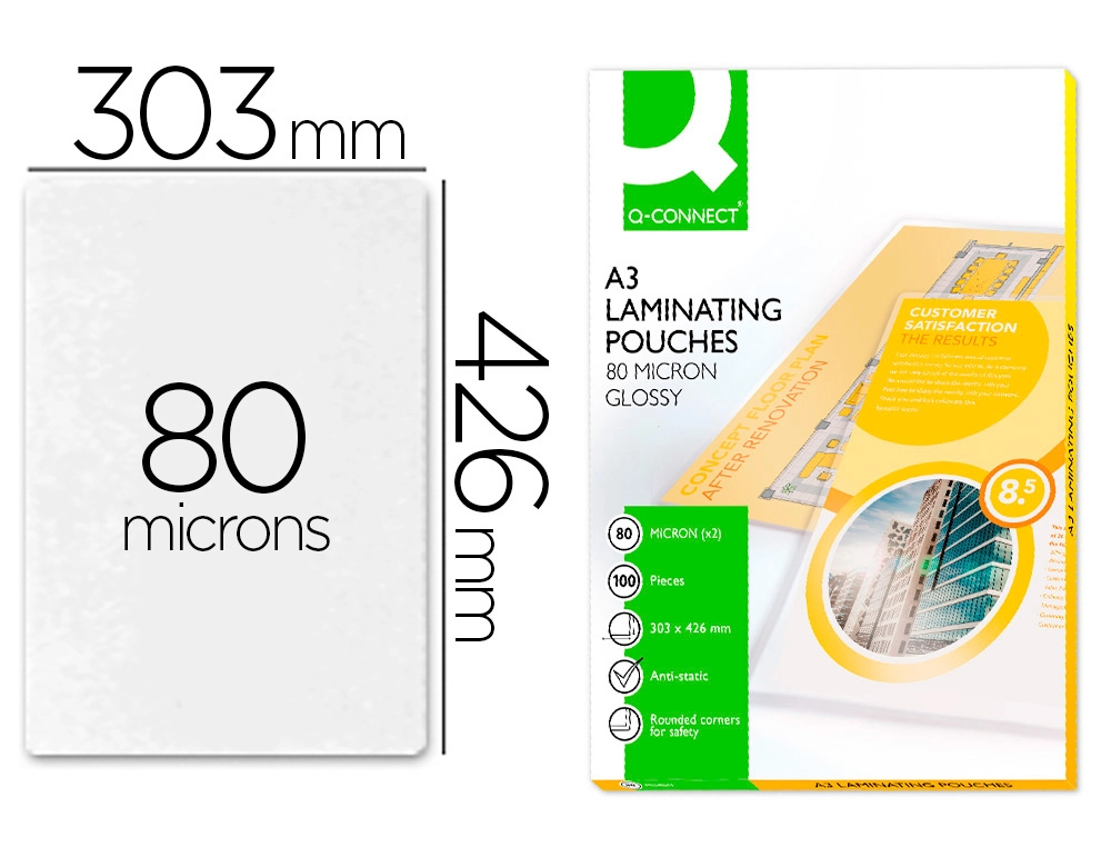 Bolsa de Plastificar Q-Connect 303 x 426 mm 80 Mc DIN A3 Caja de 100 Unidades