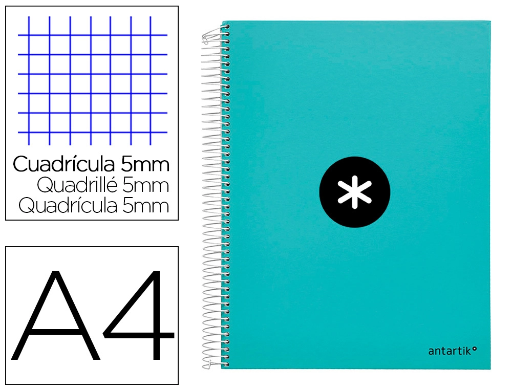 Cuaderno Espiral A4 Micro Antartik Tapa Forrada 120h 90 gr Cuadro 5mm 5 Bandas 4 Taladros Color Menta