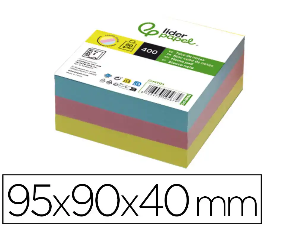 Taco Papel Liderpapel sin Encolar Colores 400 Hojas 95x90x40 mm 80 gr