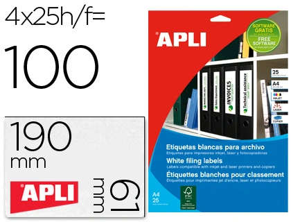 Etiqueta Adhesiva Apli 1233 Tamaño 190x61 mm para Fotocopiadora Laser Ink-Jet Caja 25 Hojas con 100