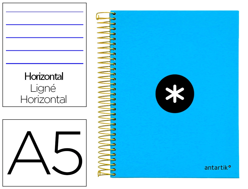 Cuaderno Espiral A5 Micro Antartik Tapa Forrada 120h 100 gr Horizontal 5 Bandas 6 Taladros Color Azul