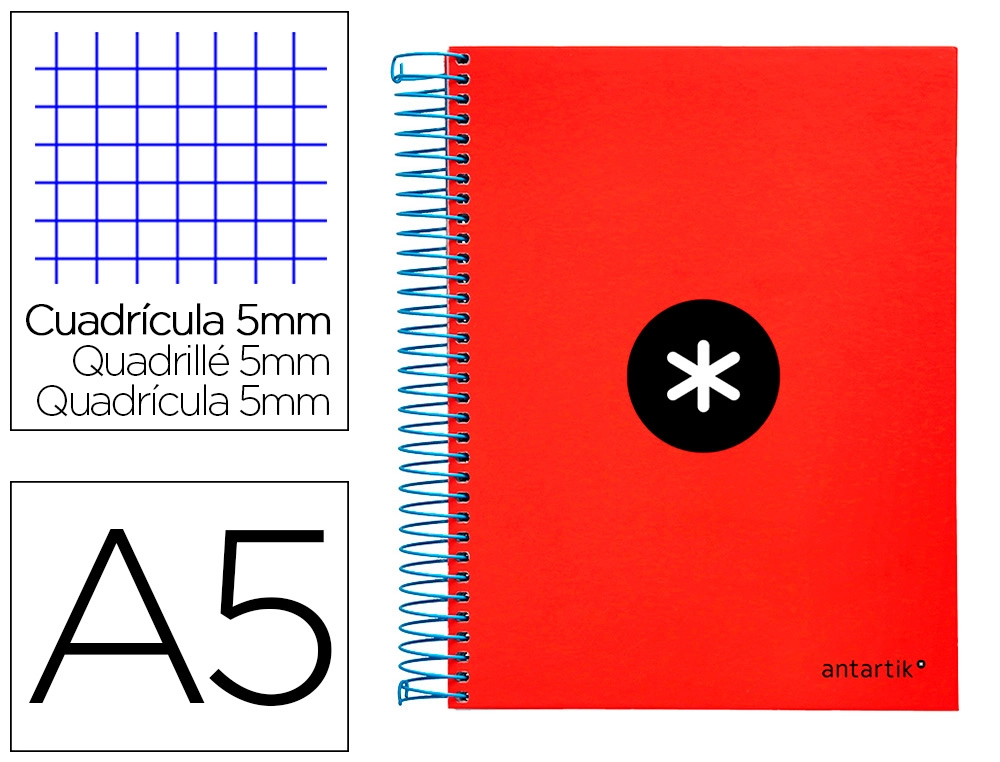 Cuaderno Espiral A5 Micro Antartik Tapa forrada120h 90 gr Cuadro 5mm 5 bandas6 Taladros Color Rojo