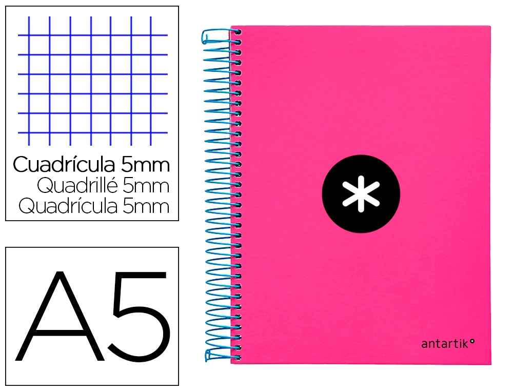 Cuaderno Espiral A5 Micro Antartik Tapa Forrada 120h 90 gr Cuadro 5mm 5 Banda S 6 Taladros Color Rosa
