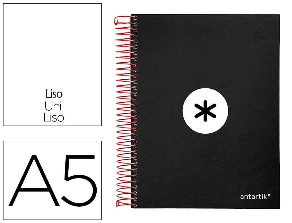 Cuaderno Espiral A5 Micro Antartik Tapa Forrada 120h 90g Liso con Bandas 6 Taladros Color Negro
