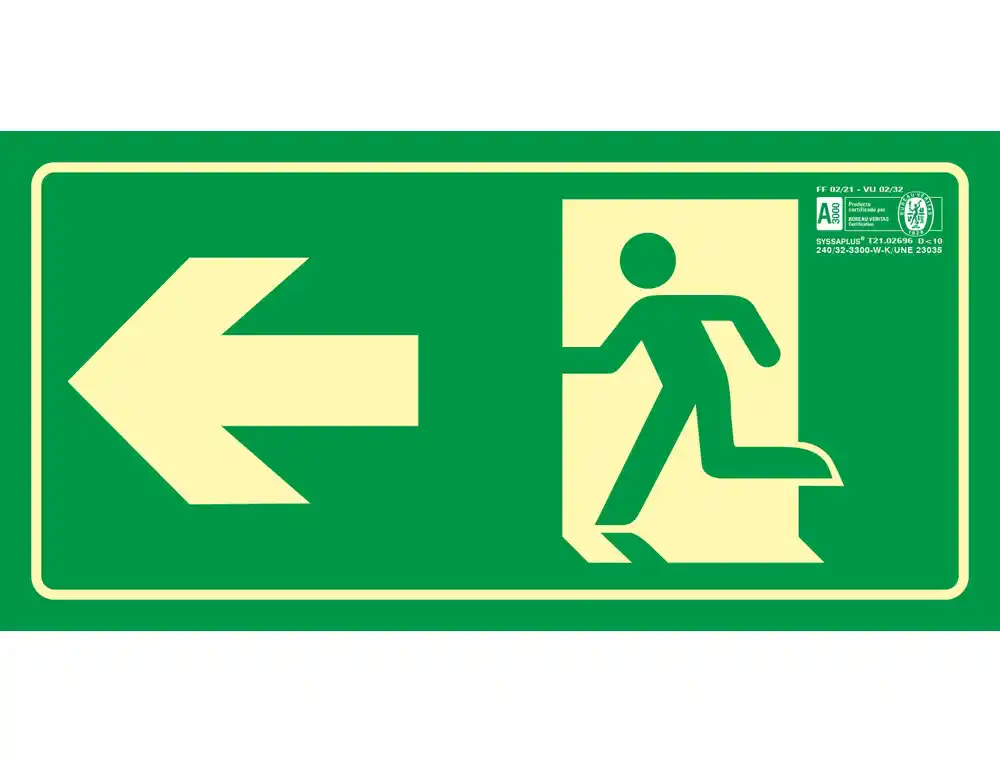 Pictograma Syssa Señal de Salida Emergencia Flecha Izquierda en PVC Fotoluminiscente 320x160 mm