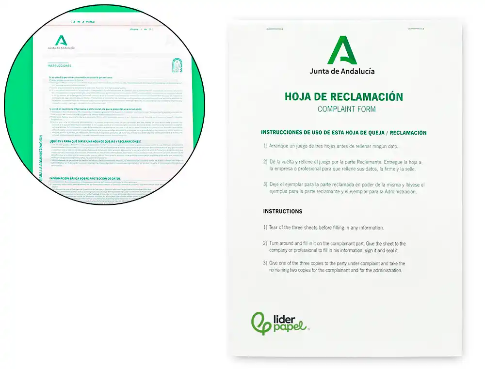 Libro Liderpapel Hojas de Reclamaciones Junta de Andalucia DIN A4 24 Juegos Original + 2 Copias