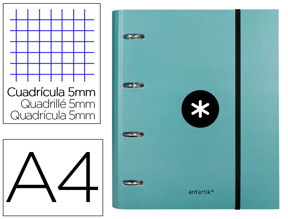 Carpeta con Recambio Antartik A4 Cuadro 5mm Forrada 4 Anillas 40mm Redondas con Solapa Color Menta
