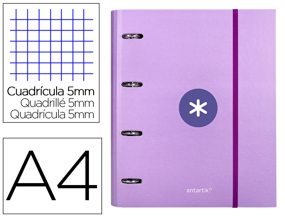 Carpeta con Recambio Antartik A4 Cuadro 5mm Forrada 4 Anillas 40mm Redondas con Solapa Color Lavanda