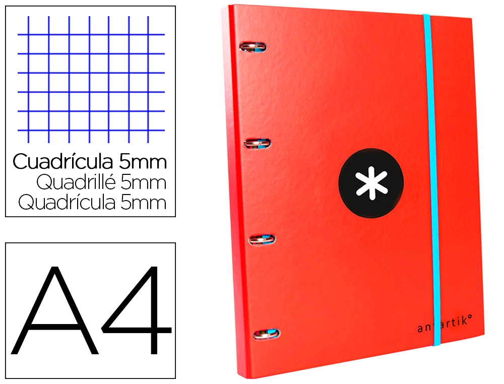Carpeta con Recambio Antartik A4 Cuadro 5mm Forrada 4 Anillas 25mm Redondas Color Rojo