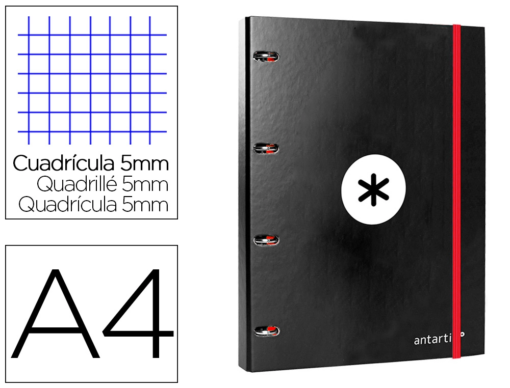 Carpeta con Recambio Antartik A4 Cuadro 5mm Forrada 4 Anillas 25mm Redondas Color Negro