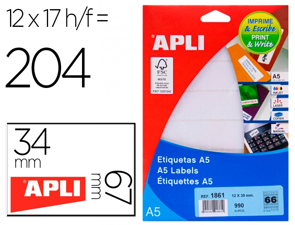 Etiqueta Adhesiva Apli Blanca 12x30 mm Sobre A5 de 990 Unidades
