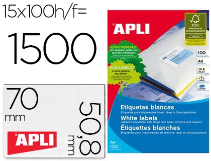 Etiqueta Adhesiva Apli 1295 Tamaño 70x50,8 mm Fotocopiadora Laser Ink-Jet Caja con 100 Hojas DIN A4