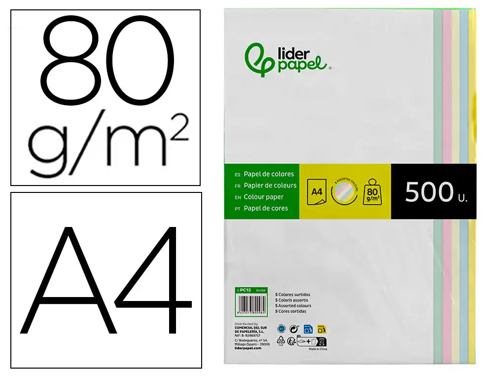 Papel Color Liderpapel A4 80gr 5 Colores Surtidos Paquete de 500 Hojas