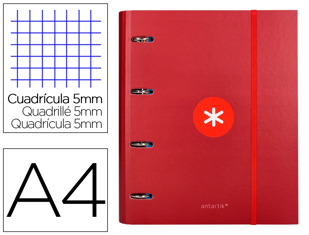 Carpeta con Recambio Antartik A4 Cuadro 5mm Forrada 4 Anillas 40mm Redondas con Solapa Color Frambuesa