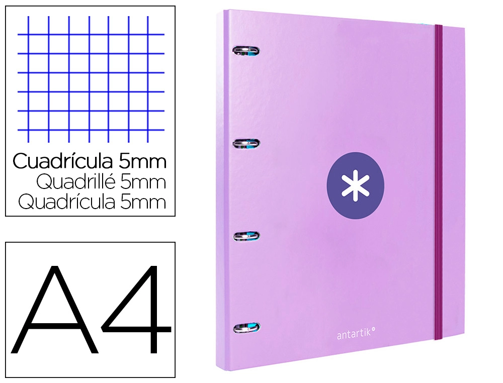 Carpeta con Recambio Antartik A4 Cuadro 5mm Forrada 4 Anillas 25mm Redondas Color Lavanda