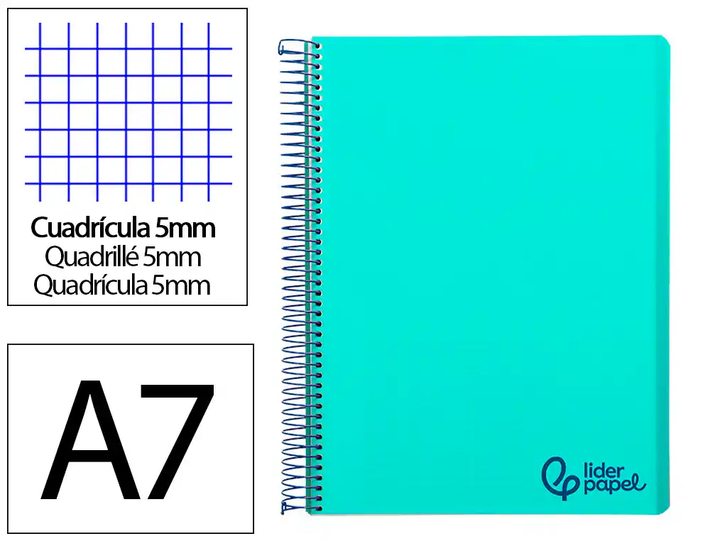 Cuaderno Espiral Liderpapel A7 Micro Wonder Tapa Plastico 100h 90gr Cuadro 5mm 4 Bandas Color Verde Pastel Turquesa