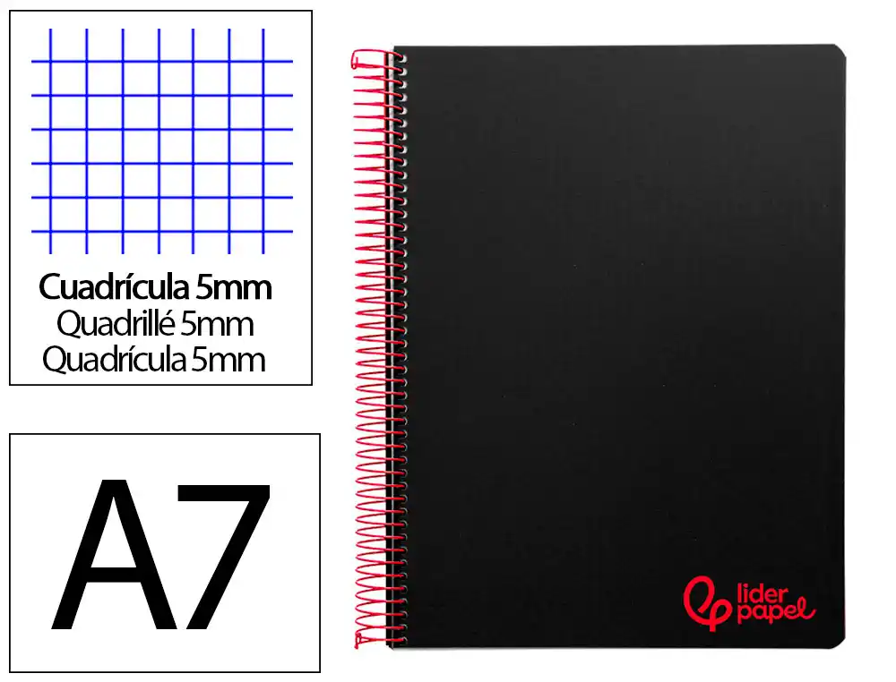Cuaderno Espiral Liderpapel A7 Micro Wonder Tapa Plastico 100h 90gr Cuadro 5mm 4 Bandas Color Negro