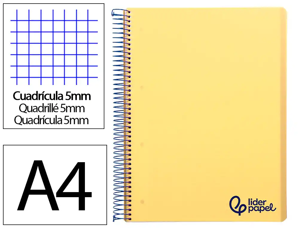 Cuaderno Espiral Liderpapel A4 Micro Wonder Tapa Plastico 120h 90gr Cuadro 5mm 5 Banda 4 Taladros Color Amarillo